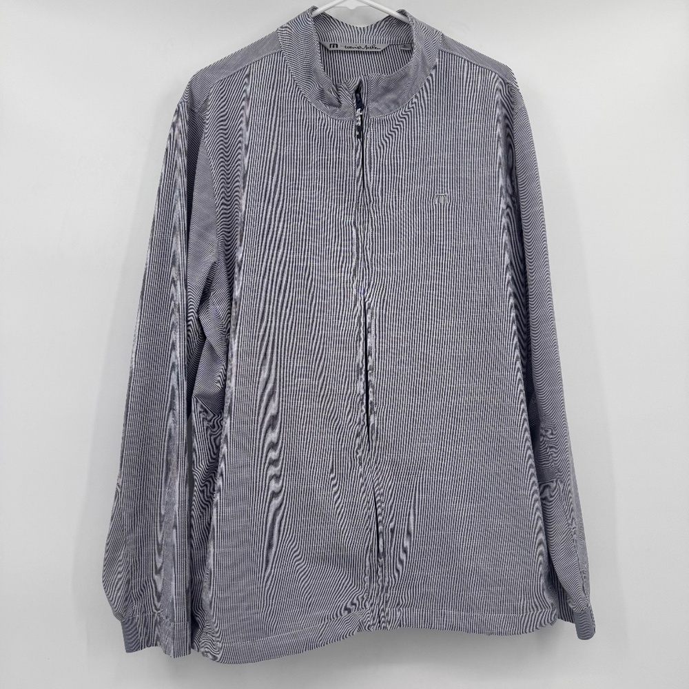 Travis Mathew Jacket Men XL White Gray Stripes Full Zip Lightweight Cinch Waist